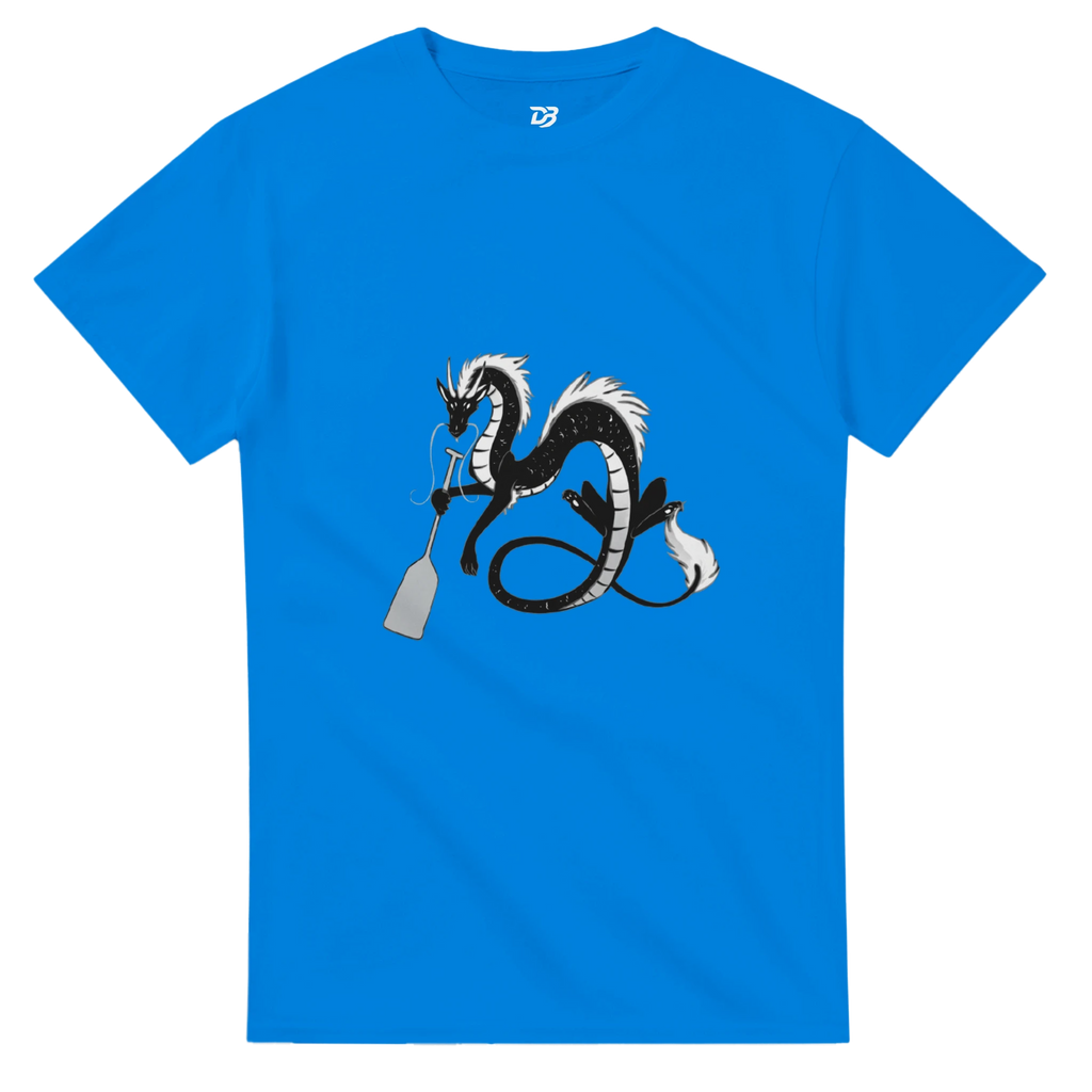 Royal blue unisex crewneck graphic T-shirt with dragon holding a paddle and ring