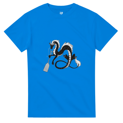 Royal blue unisex crewneck graphic T-shirt with dragon holding a paddle and ring