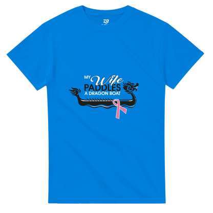 Royal blue unisex t-shirt with dragon boat graphic and pink ribbon