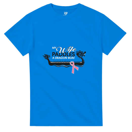 Royal blue unisex t-shirt with dragon boat graphic and pink ribbon