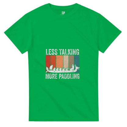 Unisex green t-shirt with LESS TALKING MORE PADDLING dragon boat graphic