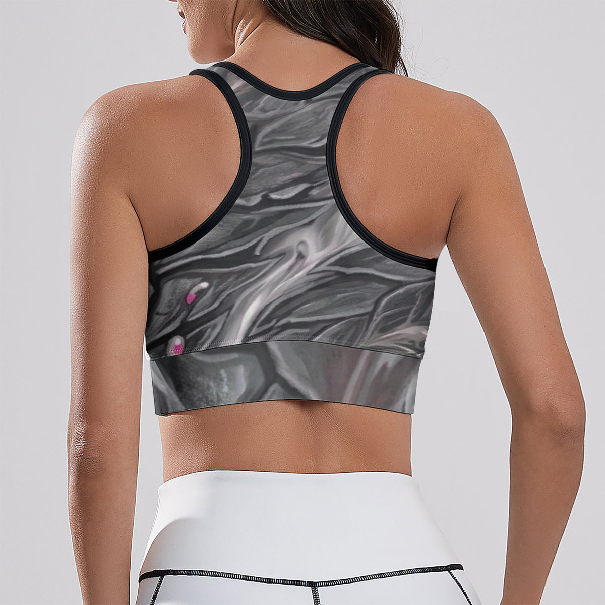 Women's cropped yoga tank top, back view, dark grey marbled print, black racerback trim