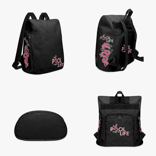 Black canvas daypack with pink “Pool Life” graphic, adjustable straps, side view