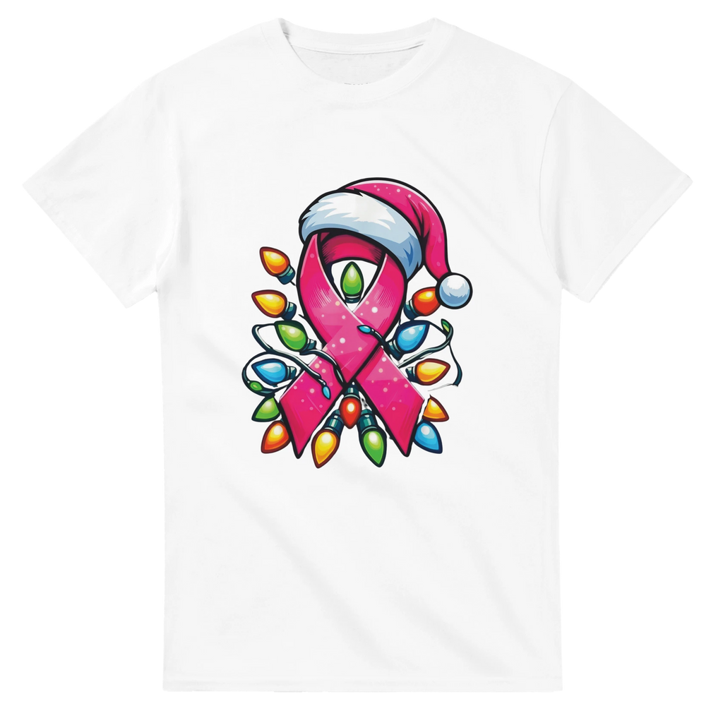 White crewneck T-shirt with pink ribbon character graphic and colorful Christmas lights