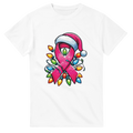 White crewneck T-shirt with pink ribbon character graphic and colorful Christmas lights