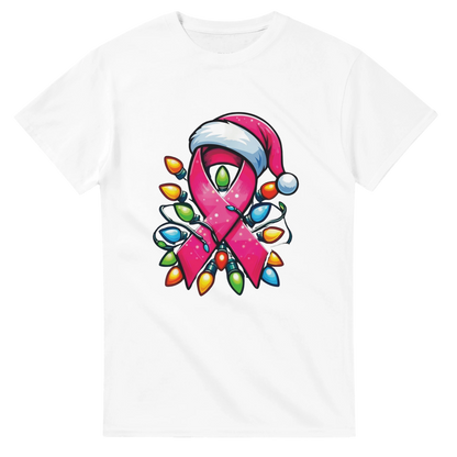 White crewneck T-shirt with pink ribbon character graphic and colorful Christmas lights
