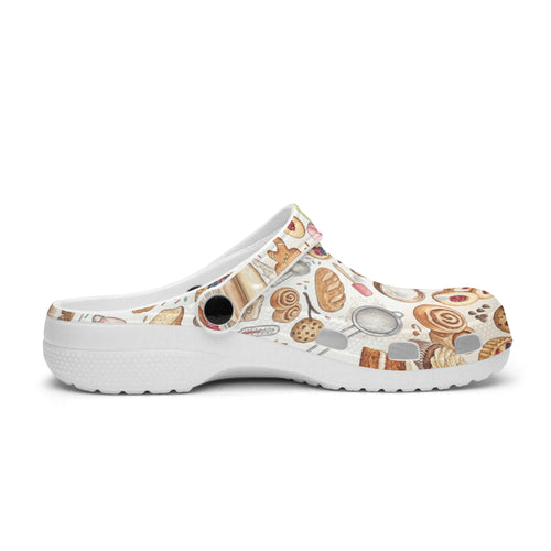 Patterned kitchen clogs with white outsole and circular vent hole