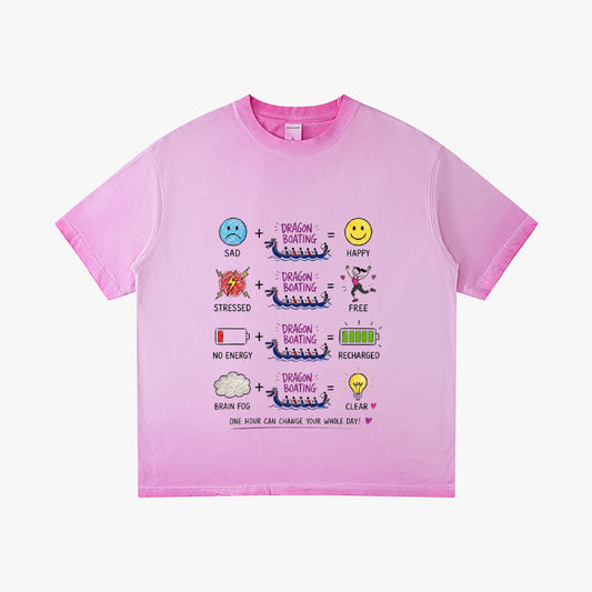 Cotton crew-neck tee in washed pink with dragon-themed mood graphic at center.