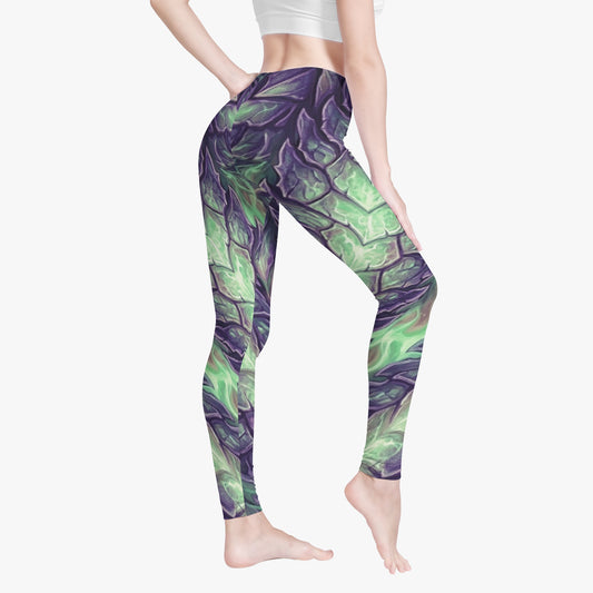 Women's leggings, side view, all-over green and purple dragon scale print