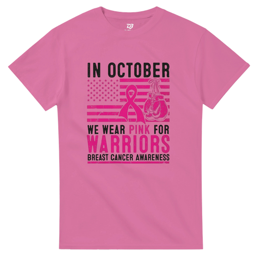Pink unisex t-shirt with bold “IN OCTOBER” breast cancer graphic on the chest