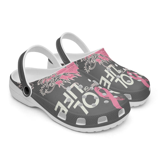 Pair of dark gray pool clogs with pink print, white footbed, and side ventilation