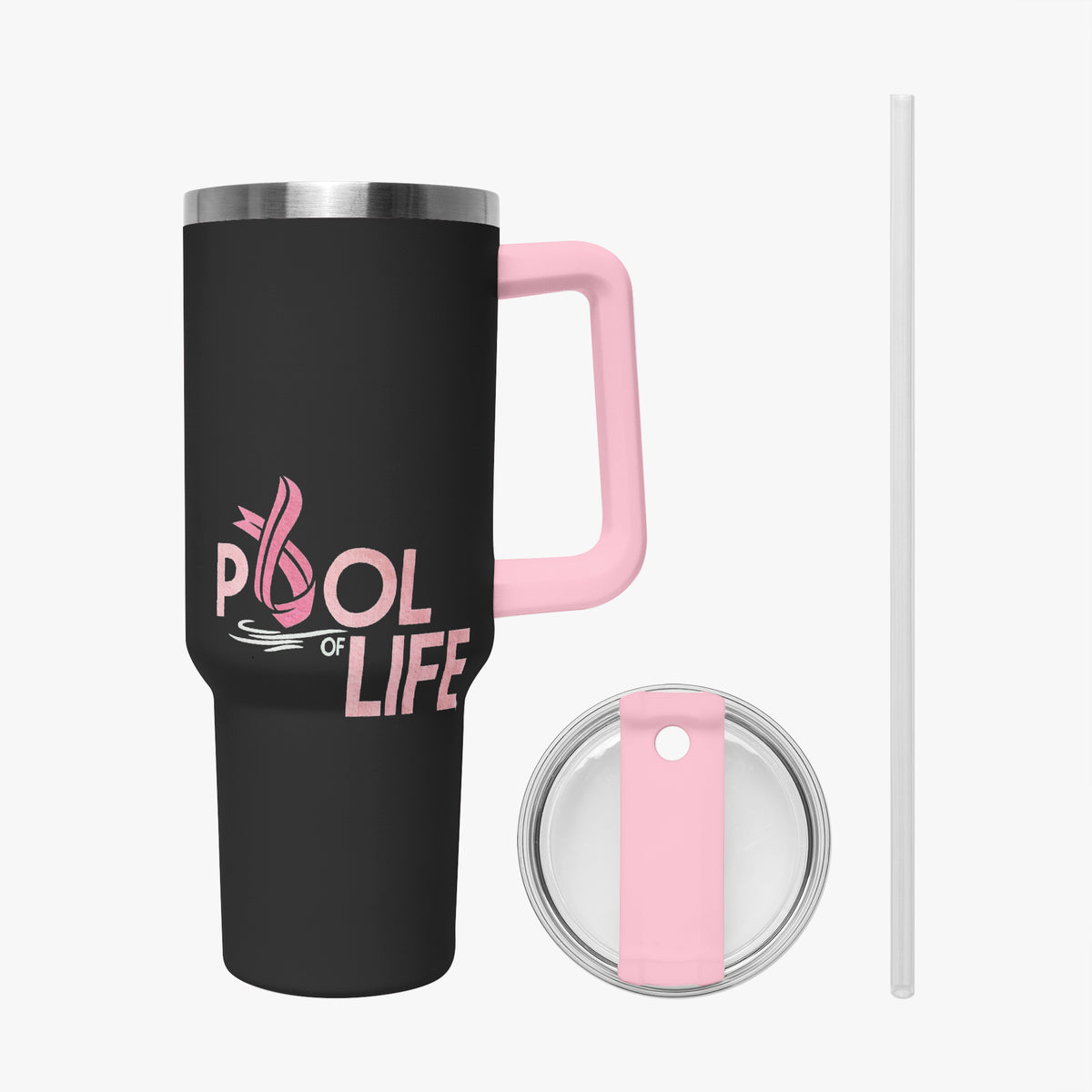 A black insulated travel tumbler with a pink handle and a pink lid, shown on a light gray background. The tumbler has a pink and white graphic that reads 'POOL OF LIFE' with a pink ribbon motif.