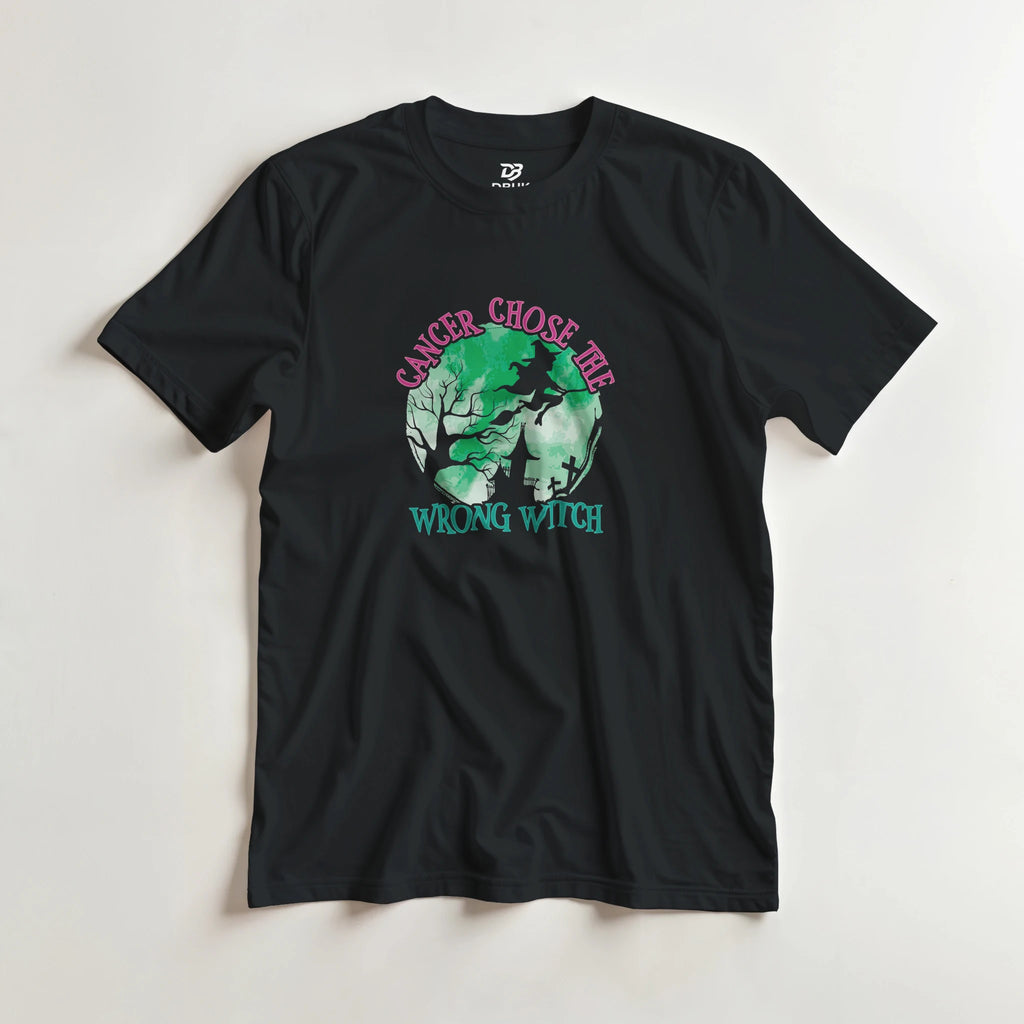 Black unisex t-shirt with centered green witch graphic and "WRONG WITCH" text