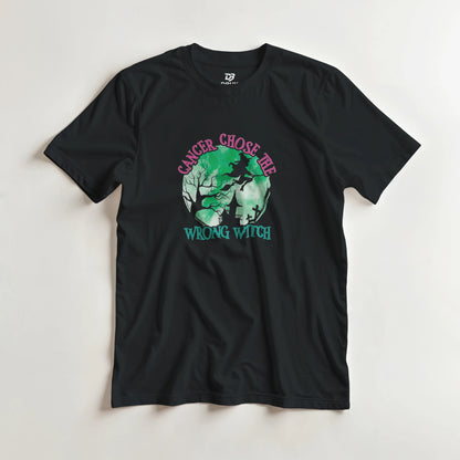 Black unisex t-shirt with centered green witch graphic and "WRONG WITCH" text