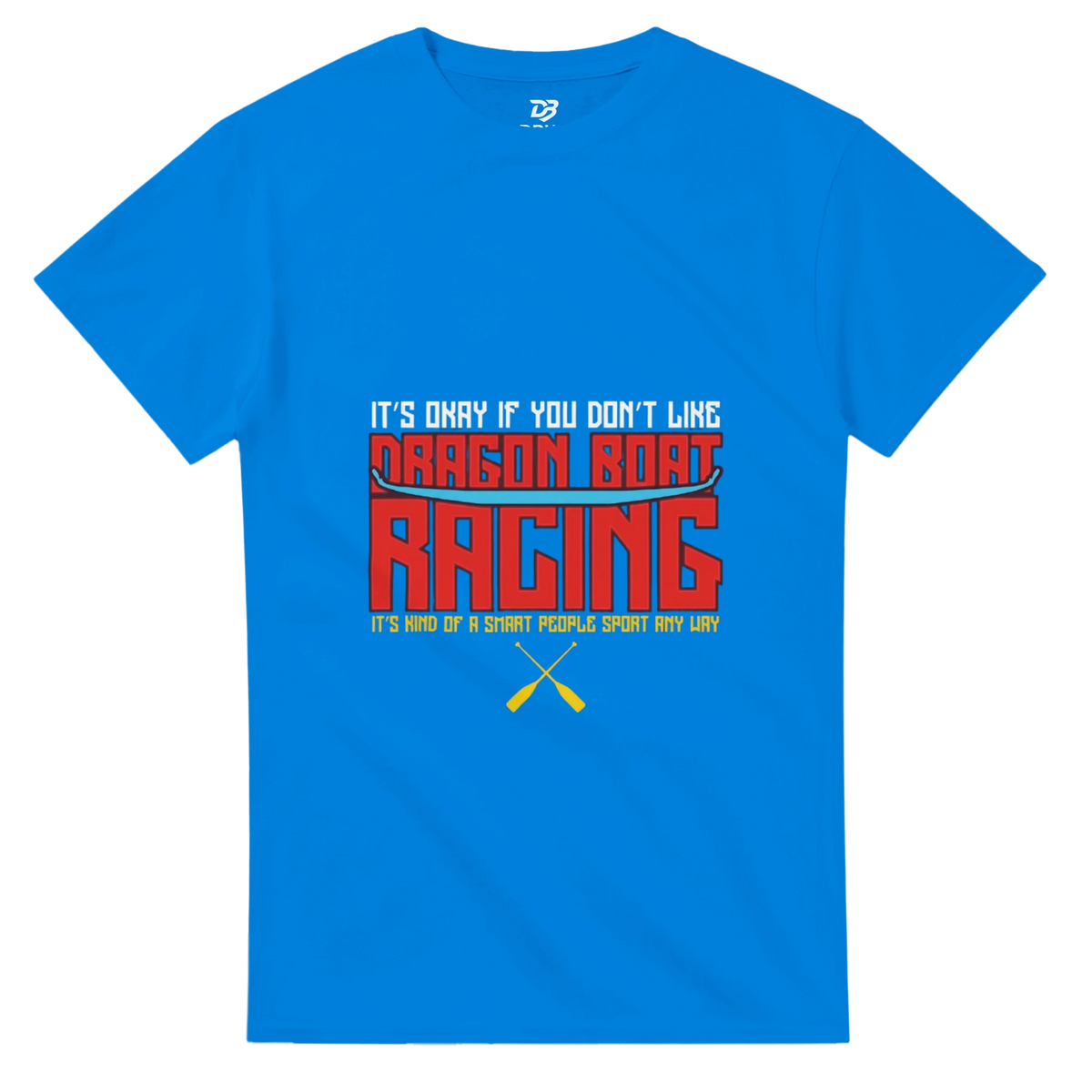 Unisex dragon boat racing team t-shirt in blue with bold front graphic print