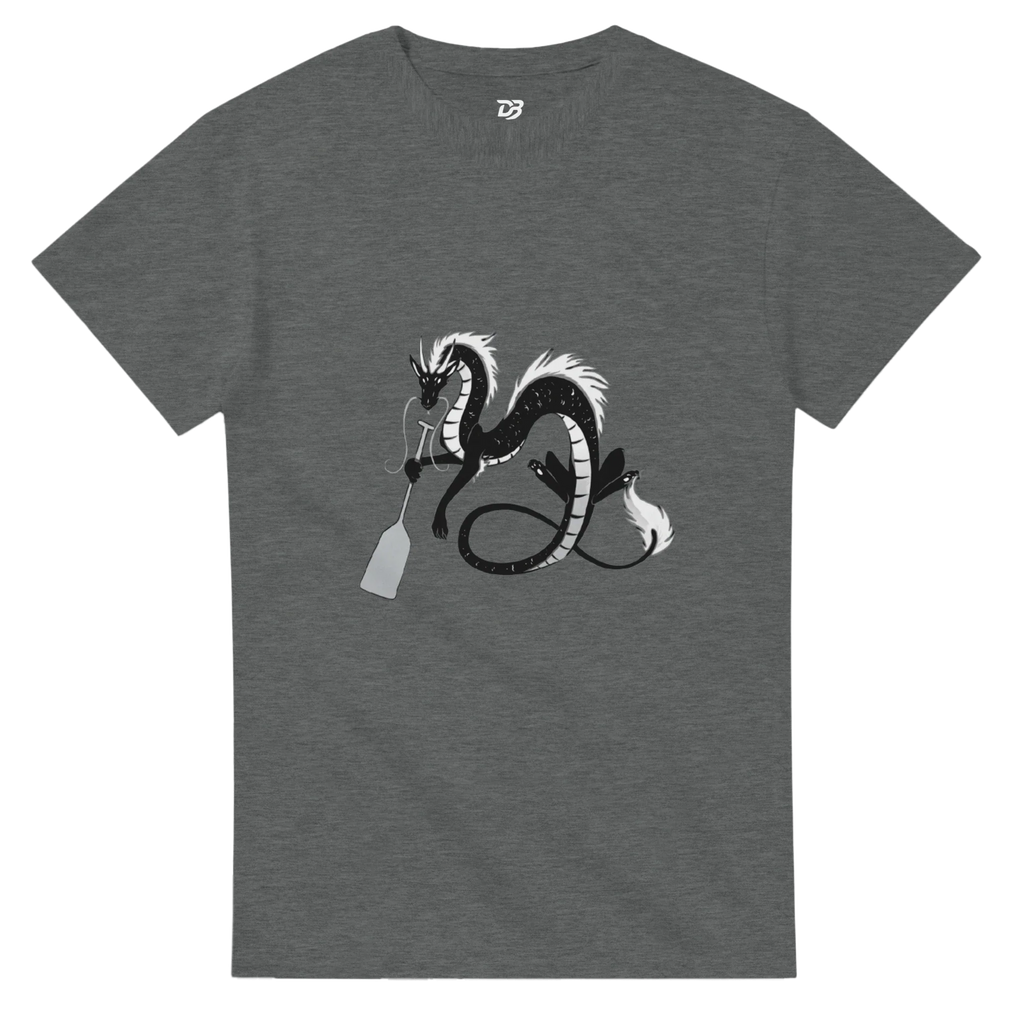 Dark gray unisex t-shirt with dragon paddle graphic on the chest