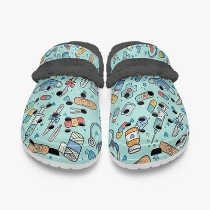 Pair of blue medical cartoon slide sandals with black fuzzy lining and open back