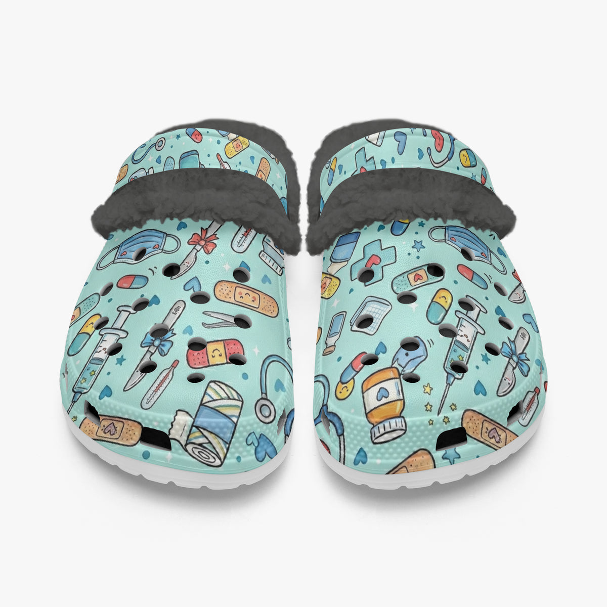 Two teal medical-themed slides showing black plush fur heel lining and cushioned base