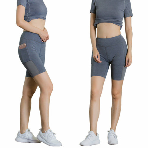 All seasons yoga shorts in heather gray with phone pocket, mid-rise stretch fit