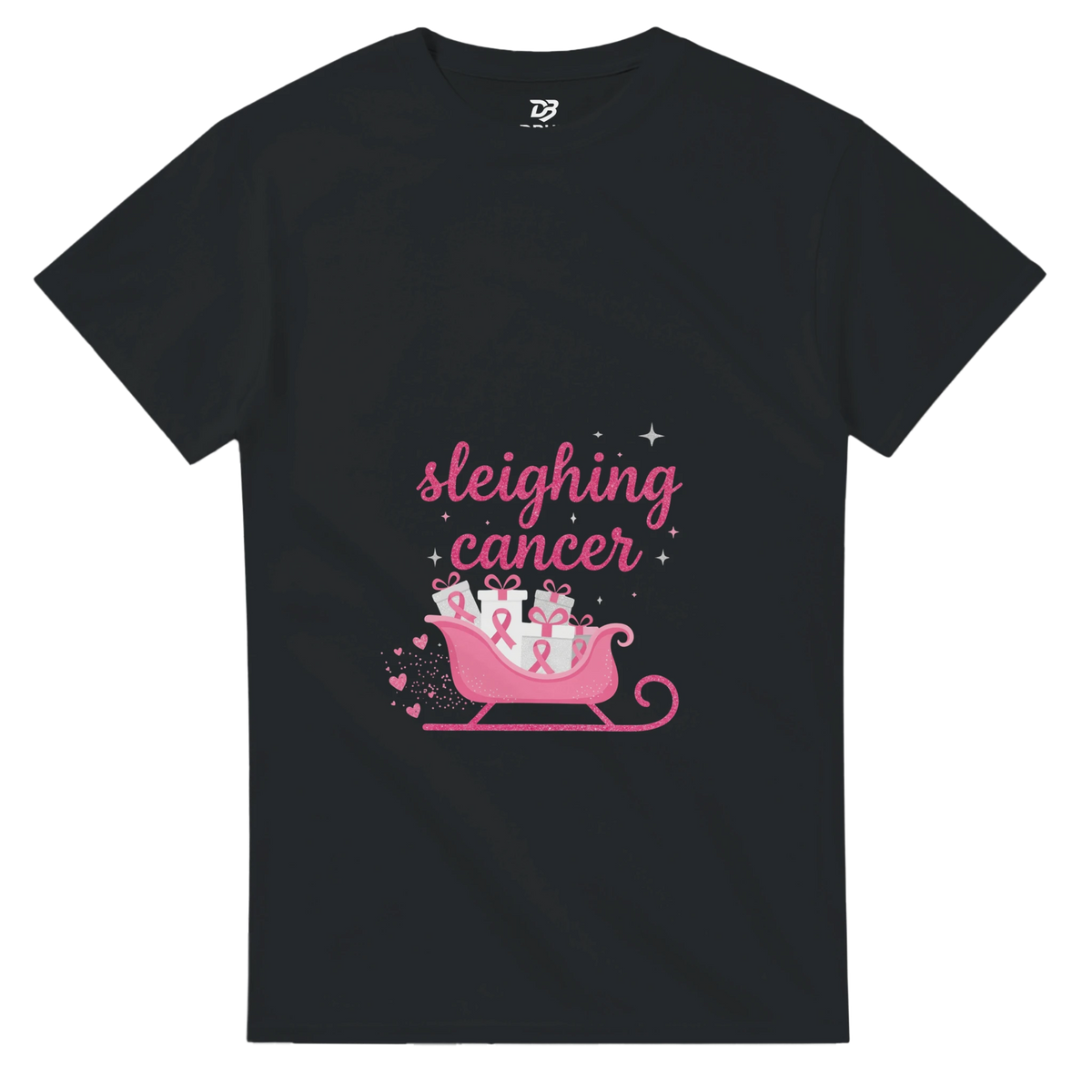 Dark grey cancer support T-shirt with pink “sleighing cancer” sleigh graphic