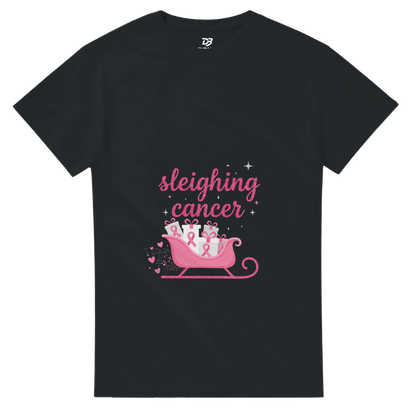 Dark grey cancer support T-shirt with pink “sleighing cancer” sleigh graphic