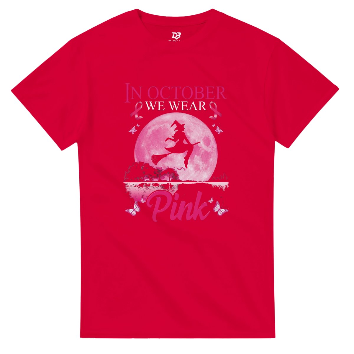 Red unisex T-shirt with pink witch-on-broom moon graphic and “Pink” ribbon text