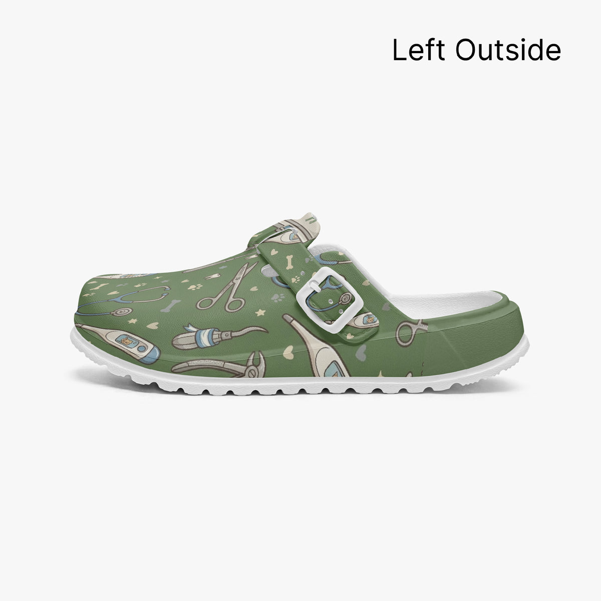 Green EVA clog, veterinary tool print, buckle strap, thick tread sole