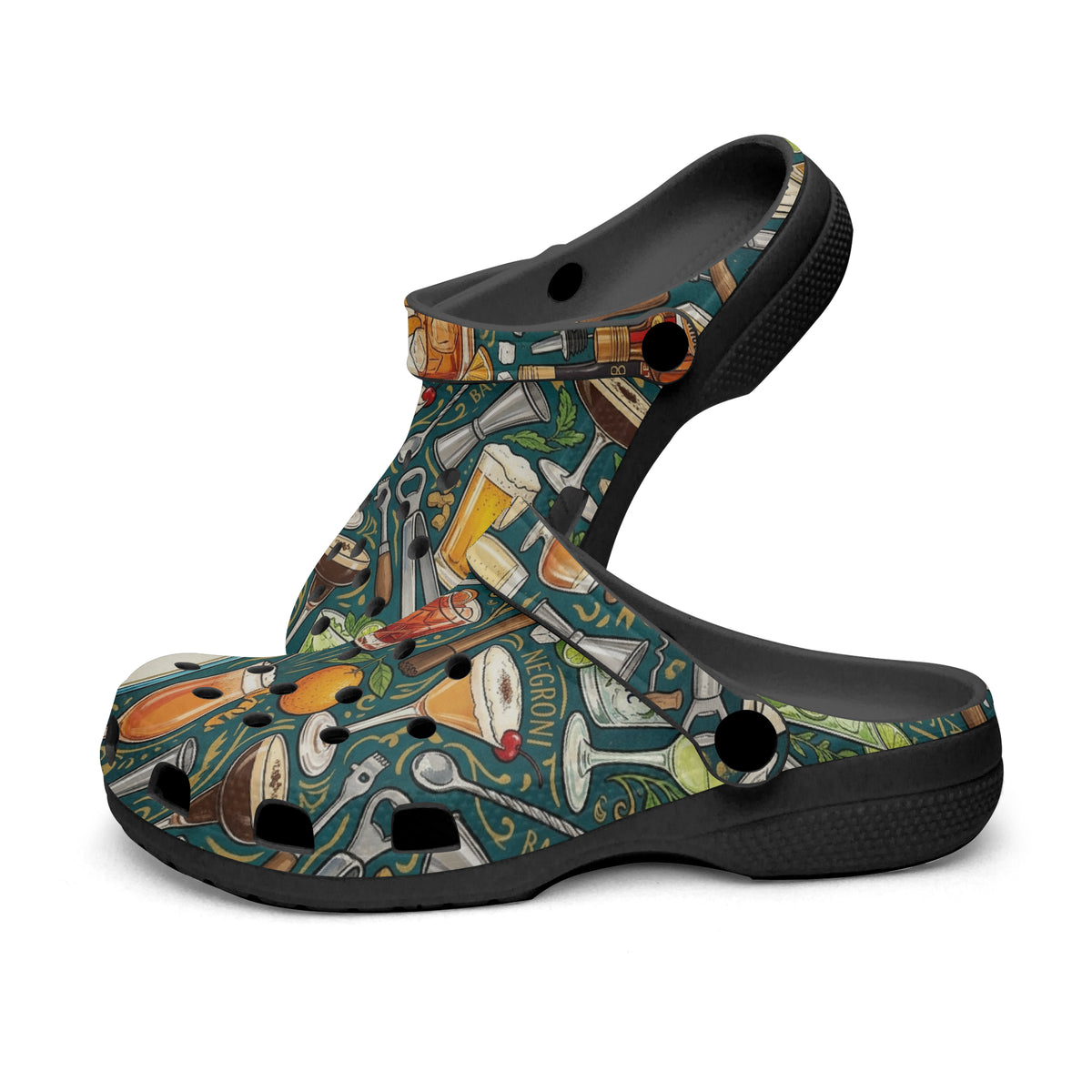 Patterned slip-on clogs with black sole, open heel, and circular ventilation holes
