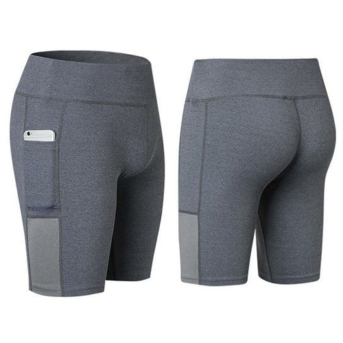 Heather gray yoga shorts with phone pocket detail, stretch fabric, mid-thigh length