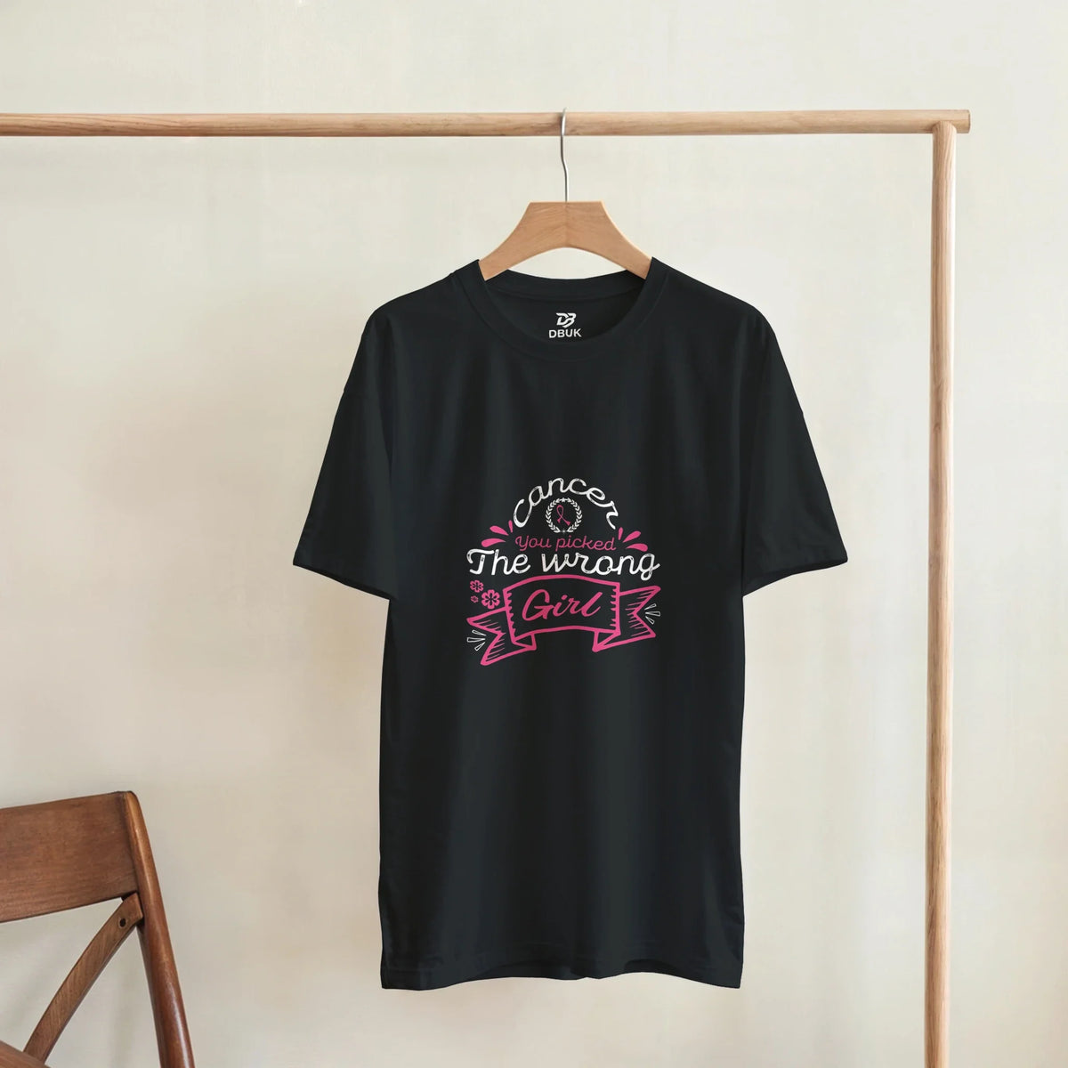 Black unisex T-shirt with pink awareness graphic front