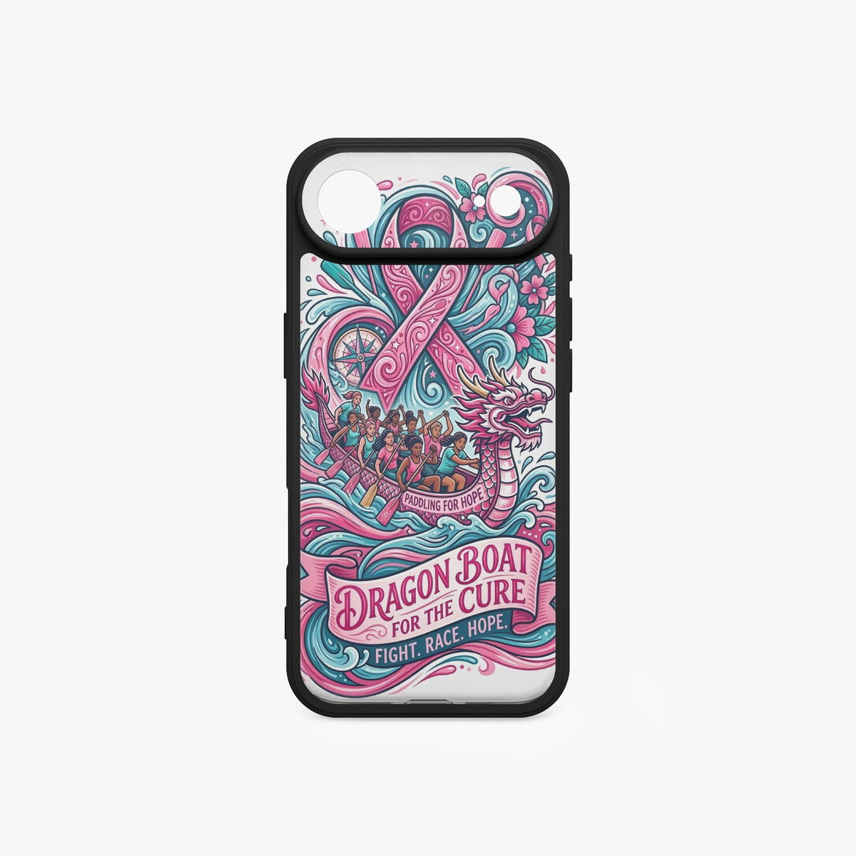 iPhone 17 phone case with black frame and teal-pink dragon boat cancer awareness graphic