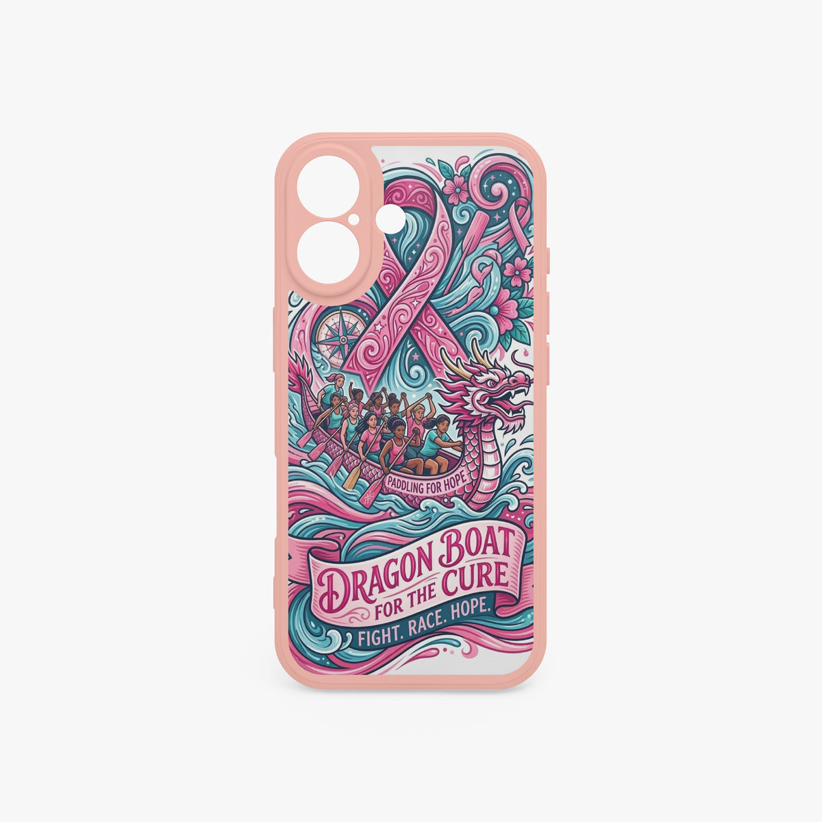 iPhone 17 phone case with light pink frame and teal-pink dragon boat cancer awareness graphic