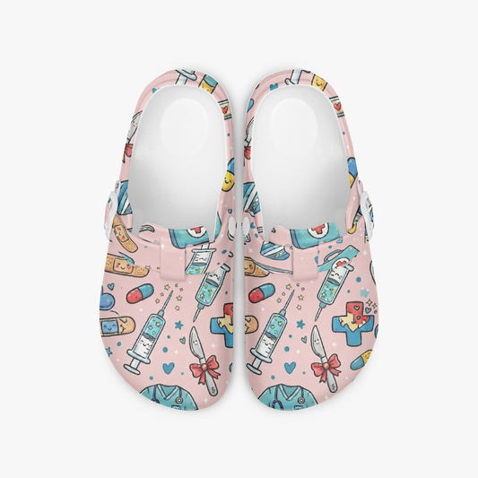 Pink medical doodle slip-on clogs with colorful cartoon print, open back and cushioned sole