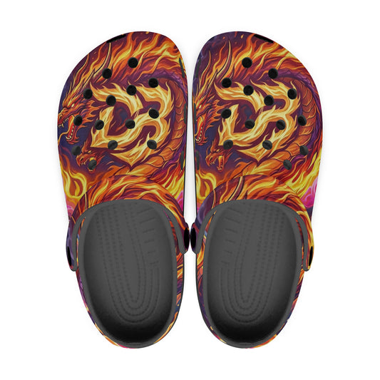 Pair of slip-on clogs with all-over orange flame and dragon graphic, black footbed.