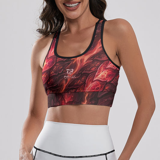 Cropped yoga tank top, red abstract all-over print with racerback, black edging
