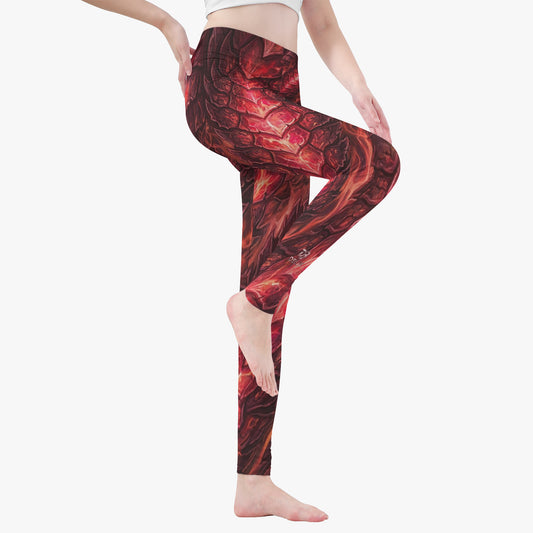 Women’s leggings showing side view of red dragon-scale all-over print, full length