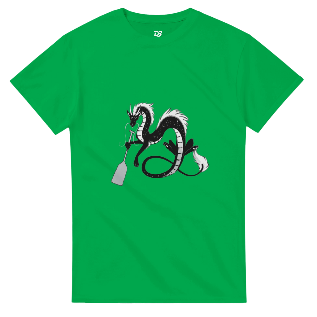 Green unisex crewneck graphic T-shirt with dragon holding a paddle and ring