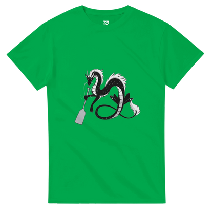 Green unisex crewneck graphic T-shirt with dragon holding a paddle and ring