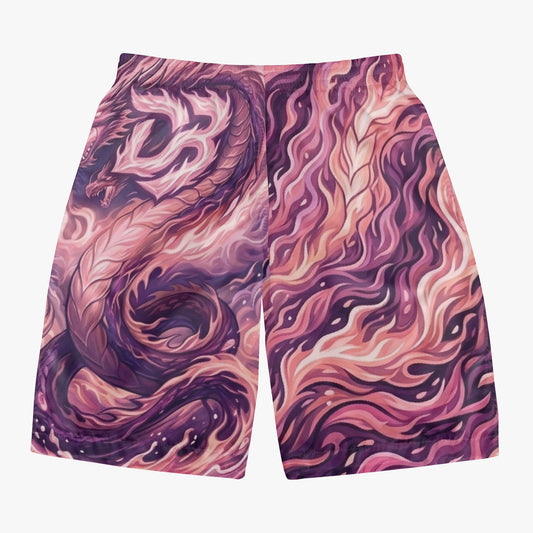 Pink and purple all-over print board shorts, straight hem and elastic waistband