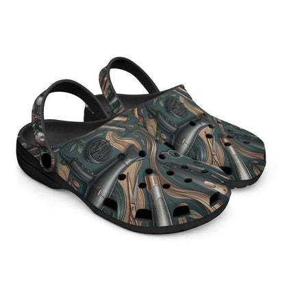 Sandal-style clog with wide straps, toe holes, dark teal tool pattern