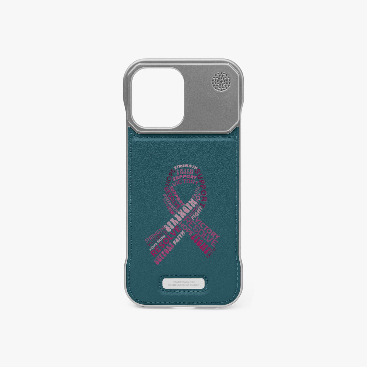 Two-tone grey and teal metal phone case with back camera cutout and speaker holes.