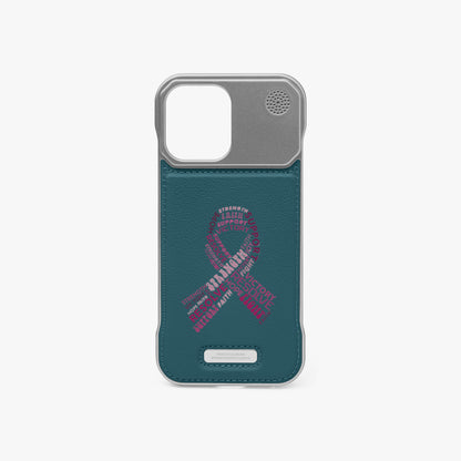 Two-tone grey and teal metal phone case with back camera cutout and speaker holes.