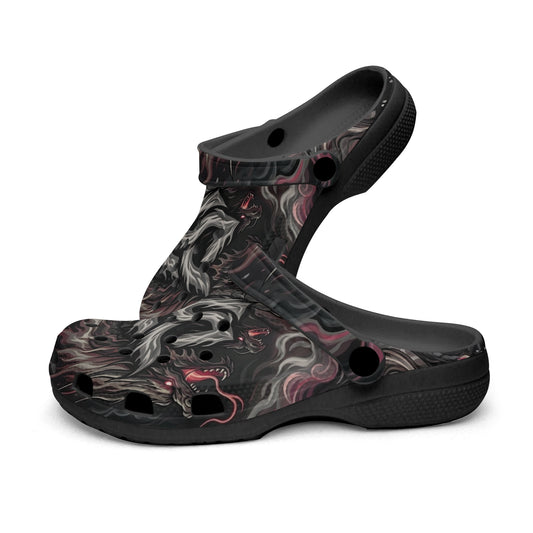 Slip-on gray-and-black dragon boat print clogs with black heel strap and round vent holes