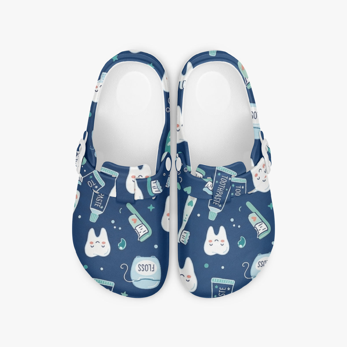 Dental print clogs, blue slip-on EVA shoes with dental-themed cartoon pattern.