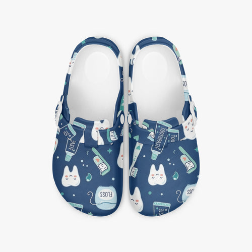 Dental print clogs, blue slip-on EVA shoes with dental-themed cartoon pattern.