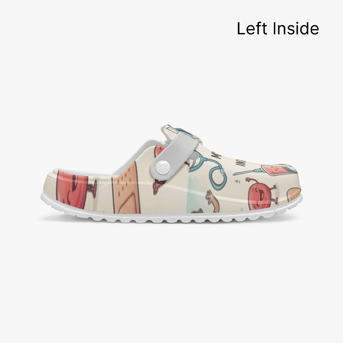 Left inside view of nurse clog with medical coffee print and adjustable strap