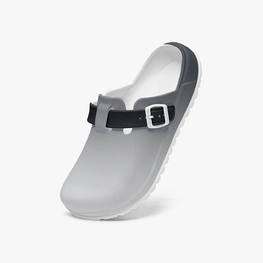 Grey lightweight EVA clog with black adjustable strap and open back