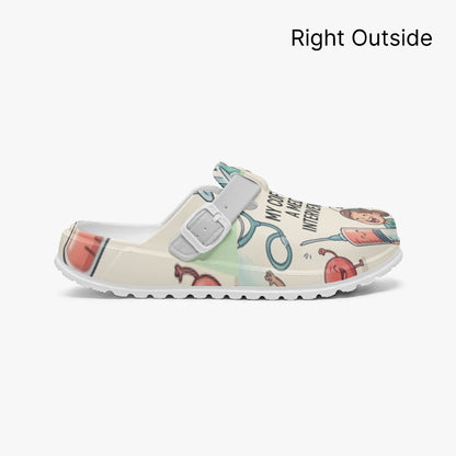 Right outside view of nurse clog with medical coffee print and adjustable strap