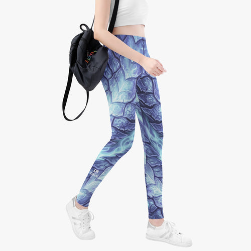 Women’s full-length leggings with blue dragon scale all-over print.