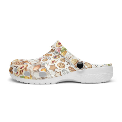 Patterned kitchen clog with white platform sole and heel side profile